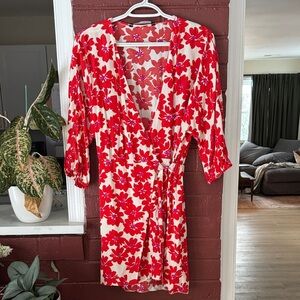 Zara Red and White Floral Wrap Mini Dress